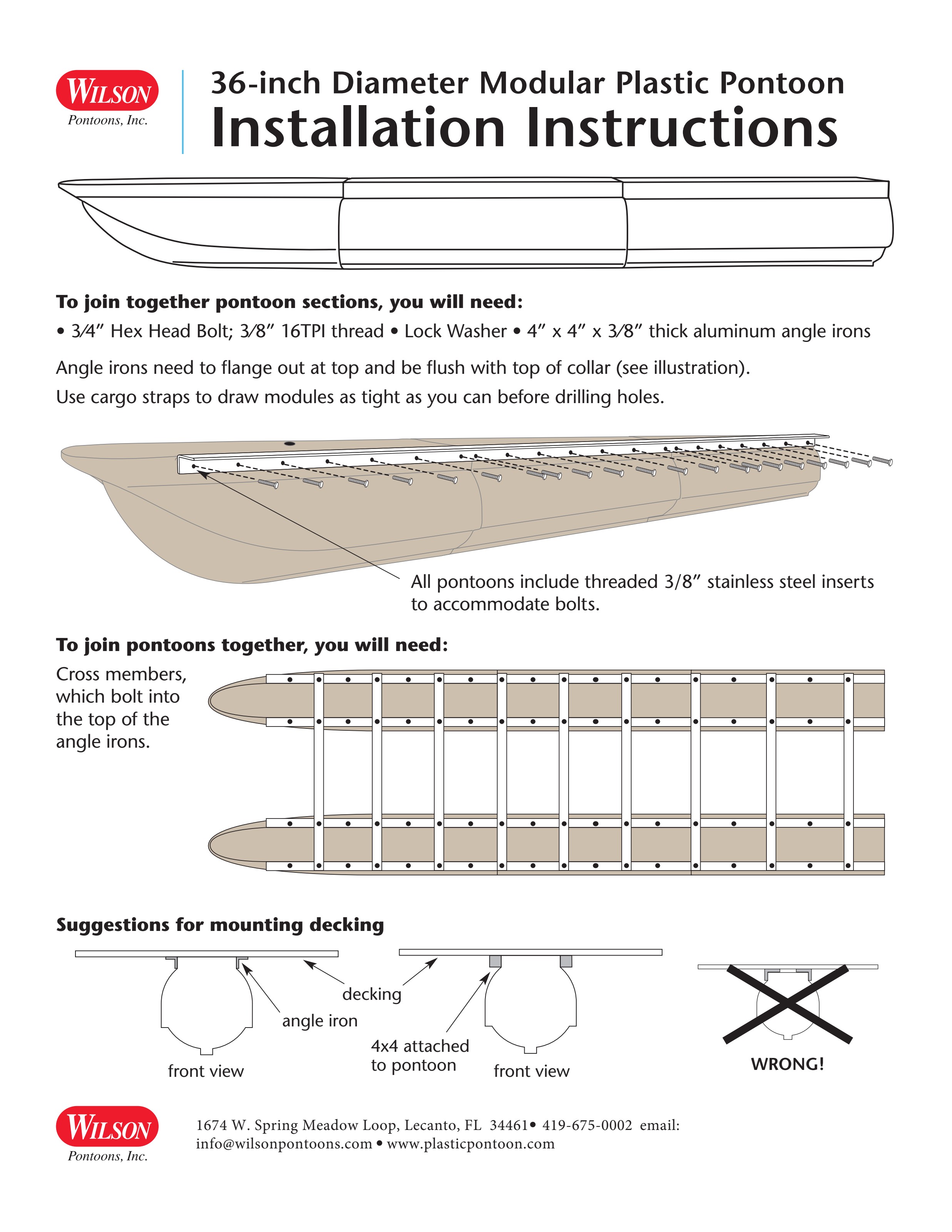 36-inch Diameter Pontoon installation diagrams — angle iron, bolt, cross member, and decking details